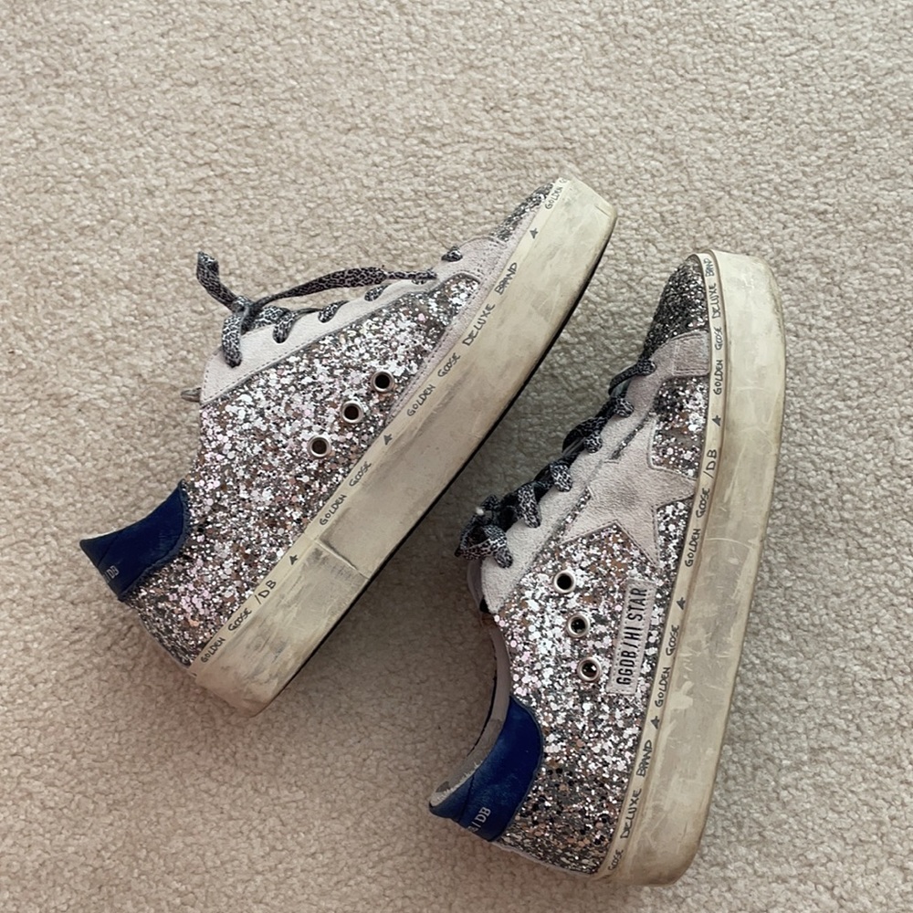 Golden Goose Silver Glitter Sneakers with Navy Heel - Picture 4 of 4